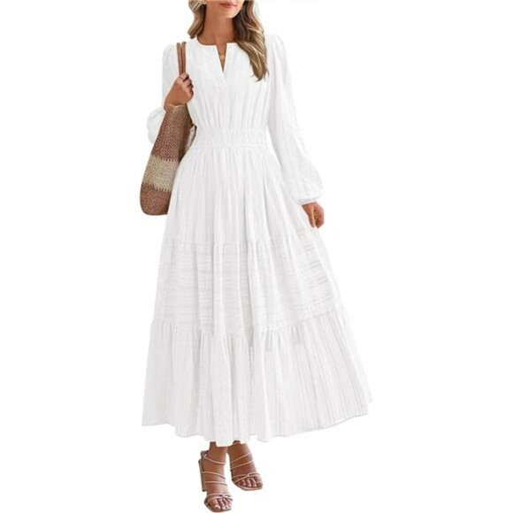 Long Sleeve V Neck Maxi Dress Fall Wedding Guest Flowy Dress with Pockets - Picture 1 of 7